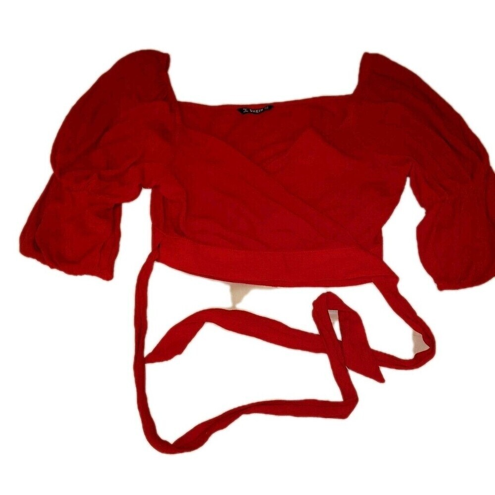Red Wrap Crop Top Puff Sleeve Square Neck Tie Waist Blouse L